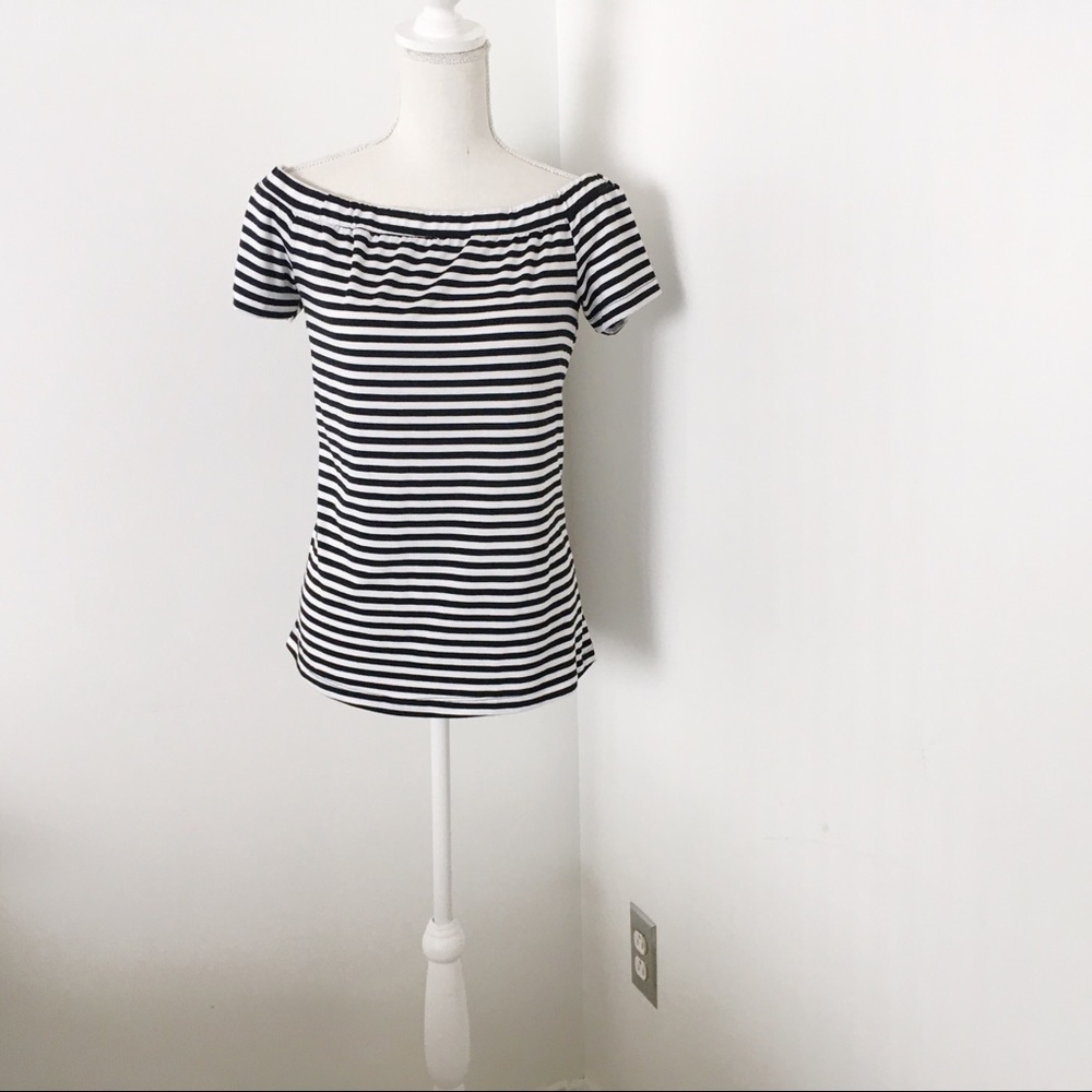 Sady & Lu Black White Striped Off Shoulder Top